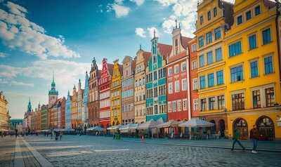 Bunte Häuser am Marktplatz in Wrocław, einer Stadt mit schwieriger polnischer Aussprache