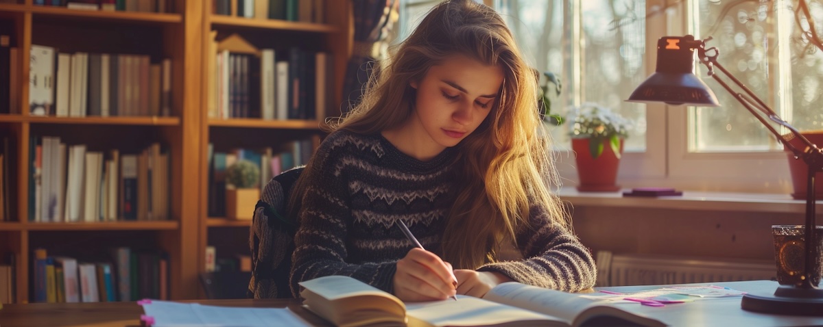 Frau lernt polnische Grammatik am Schreibtisch mit Lehrbuch und Notizheft