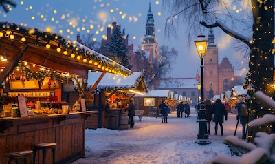 Weihnachtsmarkt auf dem Krakauer Marktplatz im Schnee