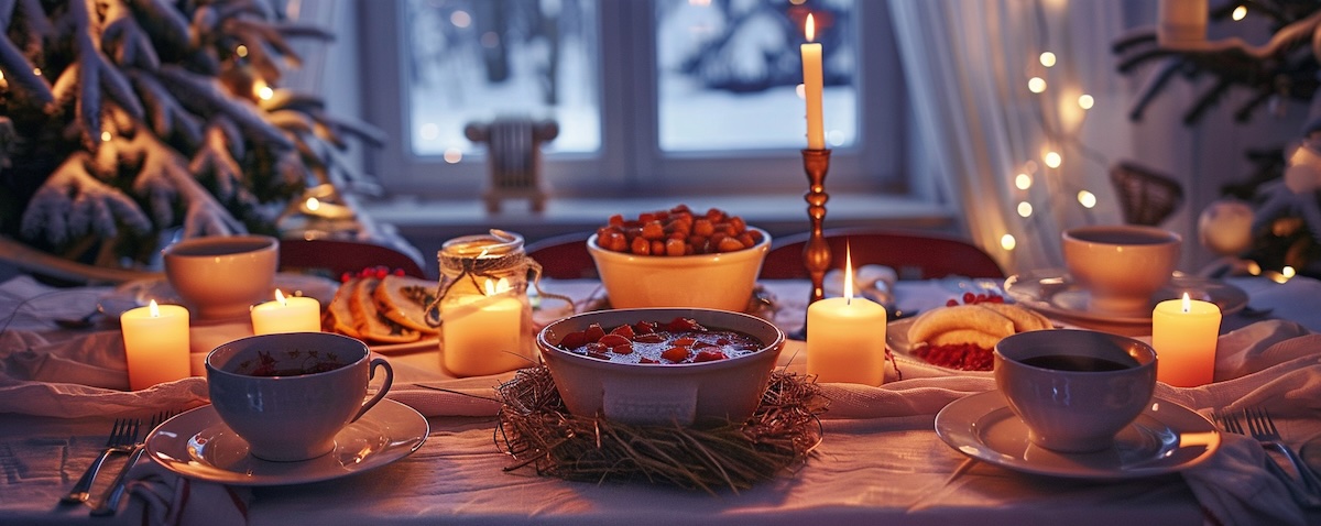 Polnische Familie am festlich gedeckten Tisch an Heiligabend (Wigilia)