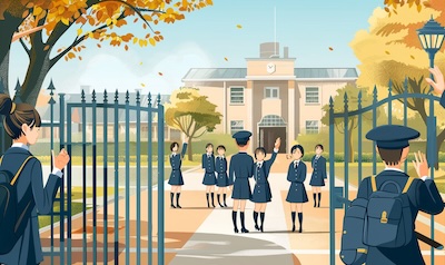 Japanische Schüler verabschieden sich winkend am Schultor