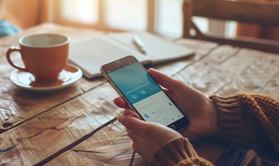 Hand hält Smartphone mit Sprachlern-App, Notizbuch und Kaffeetasse auf einem Holztisch