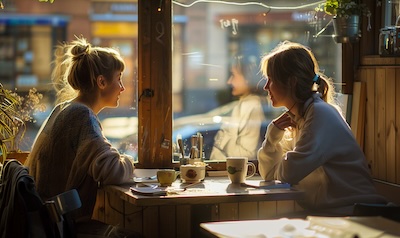 Zwei Frauen im lebhaften Gespräch an einem sonnigen Café-Tisch