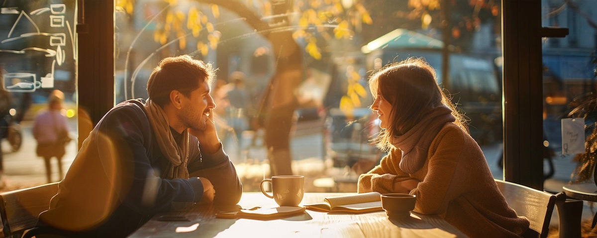 Zwei Menschen an einem sonnigen Fenster im Gespräch, warme Alltagsszene mit Kaffee und Buch