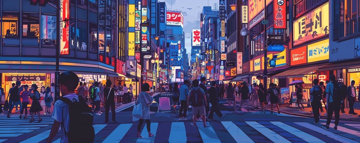 Belebte Straßenkreuzung in Tokio mit japanischen Leuchtschildern und Reisenden