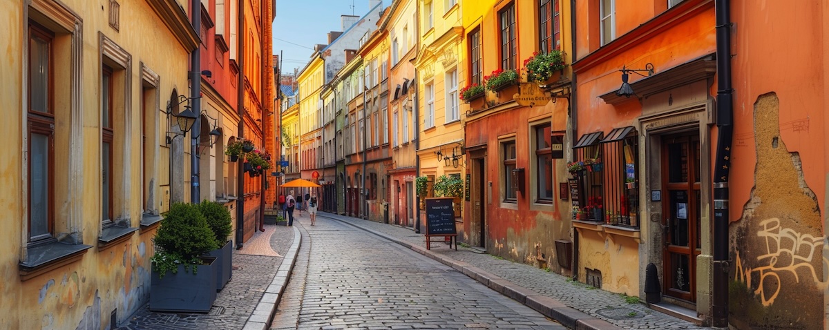 Straße in der Altstadt von Warschau mit polnischen Ladenschildern: Welche Sprache spricht man in Polen?