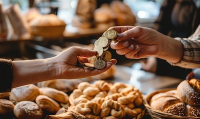 Bezahlen mit Złoty-Münzen in einer polnischen Bäckerei