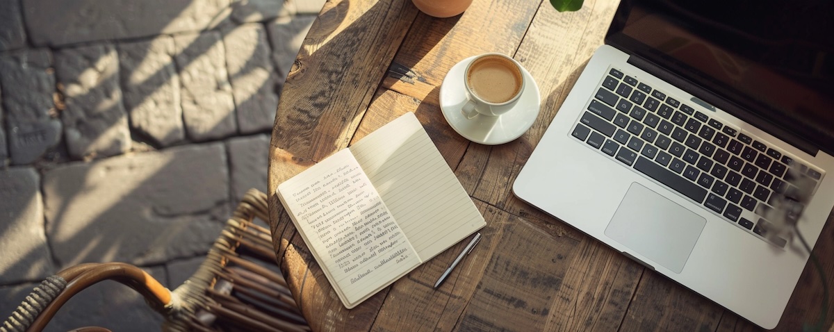 Italienisch lernen: Notizbuch, Laptop und Espresso auf einem Tisch in Italien