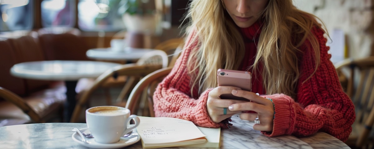 Frau lernt mit der Babbel App auf dem Smartphone Italienisch in einem Café