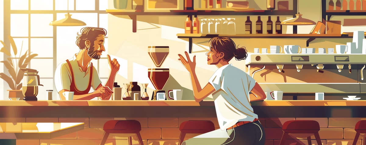 Zwei Italiener unterhalten sich an einer Espressobar mit typisch italienischen Floskeln und Gesten