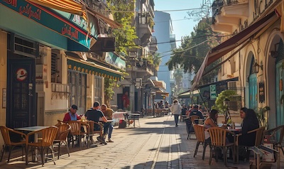 Französisch in Marokko: Straßencafé in Casablanca mit Gebäuden im Kolonialstil