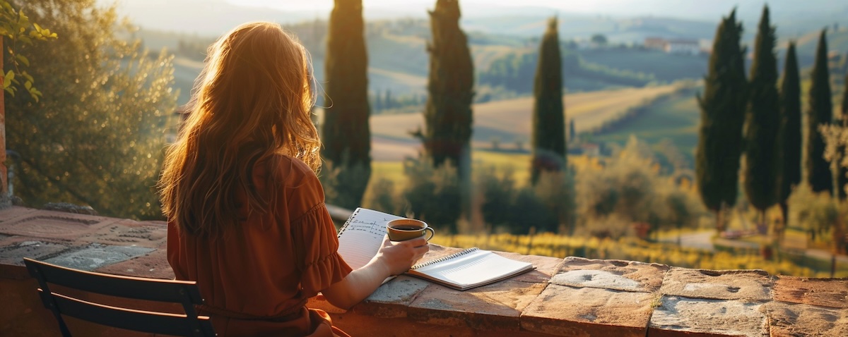 Frau lernt auf einer Terrasse in der Toskana mit Notizbuch und Espresso Italienisch