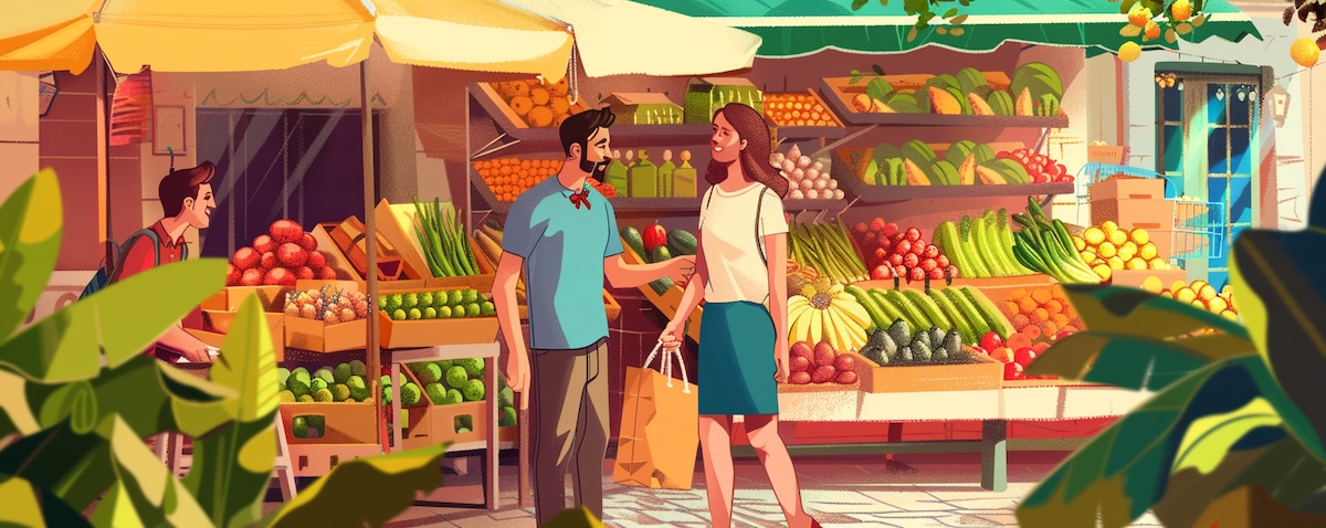 Obststand auf einem spanischen Markt: spanische Zahlen beim Einkaufen